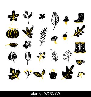 Set von Vektor-Doodle floralen Elementen. Herbstkollektion. Blumen-Grafik-Dessin. Kräuter, Blätter, Stiefel, Becher und Wildblumen. Handgezeichnete Vektorbotanik Stock Vektor