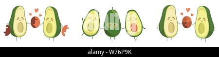 Große vector Obst lächelnden Zeichen halten sich an den Händen. Avocado verliebtes Paar mit fliegenden Herzen auf weißem Hintergrund. Kawaii Stil Stock Vektor