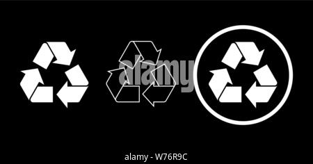 Satz von drei weiße Zeichen auf schwarzem Hintergrund recyceln. Unterschiedlichen weißen Recycling Symbole mit voller Farbe, Umriss und umkreist. Vector Illustration, flach Stock Vektor
