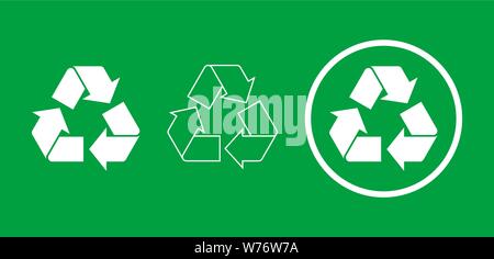 Satz von drei weisse Zeichen auf grünem Hintergrund recyceln. Unterschiedlichen weißen Recycling Symbole mit voller Farbe, Umriss und umkreist. Vector Illustration, flach Stock Vektor