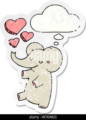 Cartoon Elefant mit Liebe Herz mit Gedanken bubble Als distressed getragen Aufkleber Stock Vektor