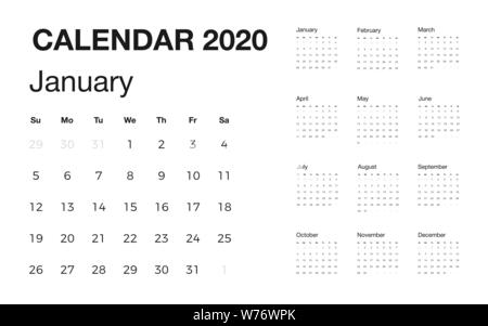 Minimalistischer Schreibtisch Kalender 2020 Jahr. Design von Kalender mit englischen Namen der Monate und Wochen. Vector Illustration Stock Vektor