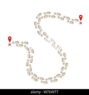 Footprint Trail vom Startpunkt pin zu beenden. Drucken Stiefel. Vector Illustration auf weißem Hintergrund Stock Vektor