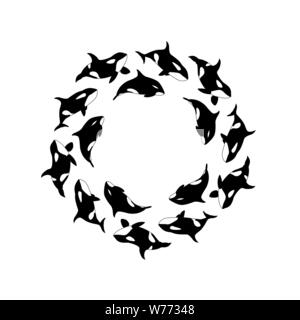 Vector Illustration Killer Wale schwimmen in einem Kreis. Meerestiere runden Rahmen auf weißem Hintergrund. Pfosten von Orca Stock Vektor