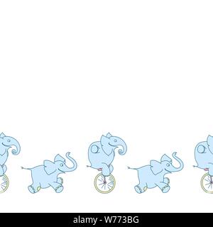 Vektor nahtlose Grenze von cute cartoon Elefanten auf weißem Hintergrund. Lustige Elefanten auf Einrad und Elefant - Clown Stock Vektor