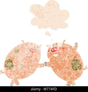 Cartoon Schweine tanzen mit dachte Blase im Grunge distressed Retro strukturierte Stil Stock Vektor