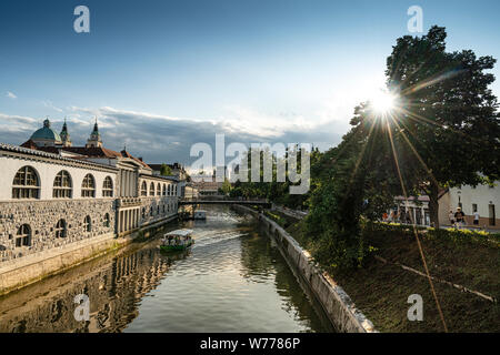 Ljubljana, Slowenien. August 3, 2019. Ein Boot auf dem Fluss Ljubljanica im Zentrum der Stadt bei Sonnenuntergang Stockfoto