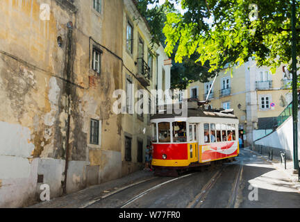 Kunst Eindruck von Leuten, die auf den gelben Tram fährt von der Straße von Stadtzentrum von Lissabon am 26. September 2015. Lissabon ist eine Hauptstadt und berühmten Stadt von Portugal Stockfoto