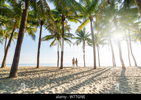 Paar stehend auf Sandstrand unter Palmen auf sonnigen Morgen am Meer Stockfoto