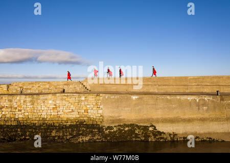 Fünf Studenten an der St. Andrews University führen Sie die berühmten 'Pier zu Fuß" in Ihrer einzigartigen roten Roben gekleidet. Diese Tradition findet jeden Sonntag. Stockfoto