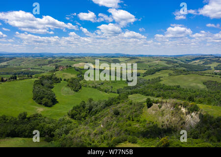 Sanften Hügel der Toskana, Italien, an einem sonnigen Sommertag. Felder und Bäume decken die üppige Landschaft. Stockfoto