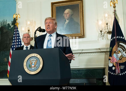 Washington, Vereinigte Staaten von Amerika. 05 Aug, 2019. Präsidenten der Vereinigten Staaten Donald J. Trumpf macht eine Aussage im Weißen Haus in Washington, DC in Reaktion auf zwei separaten Schießereien, August 5, 2019. Quelle: Chris Kleponis/Pool über CNP | Verwendung der weltweiten Kredit: dpa/Alamy leben Nachrichten Stockfoto
