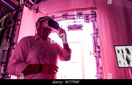 Potsdam, Deutschland. 05 Aug, 2019. Lars Klingbeil, SPD-Generalsekretär, versucht auf augmented reality Brille beim Besuch der volumetrische studio Volucap. Credit: Monika Skolimowska/dpa-Zentralbild/dpa/Alamy leben Nachrichten Stockfoto