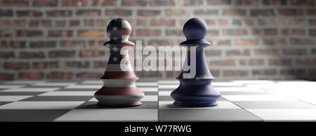 Beziehungen zwischen der EU und der USA. USA und Europäische Union Flaggen schach Bauern auf einem Schachbrett. 3D-Illustration, Banner. 3D-Darstellung Stockfoto