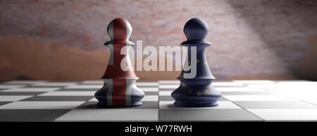 Brexit kein deal Konzept UK vs EU. Großbritannien und die Europäische Union Flaggen schach Bauern auf einem Schachbrett, Banner. 3D-Darstellung Stockfoto