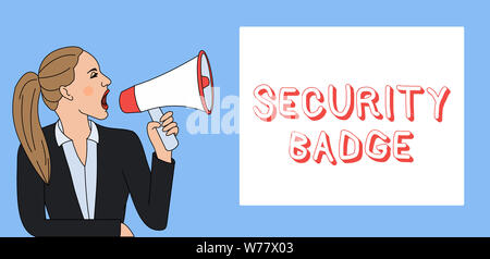 Schreiben Hinweis Übersicht Sicherheit Badge. Business Konzept für Anmeldeinformationen verwendet, um Zugriff auf den kontrollierten Bereich Frau Jacke Pferdeschwanz Schreien in Stockfoto