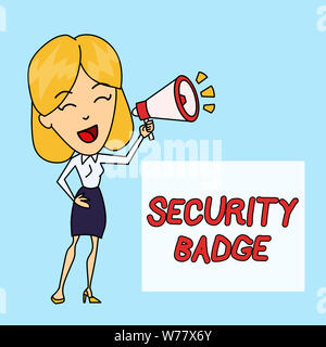 Schreiben Hinweis Übersicht Sicherheit Badge. Business Konzept für Anmeldeinformationen verwendet, um Zugriff auf den kontrollierten Bereich junge Frau spricht in Blowhorn Col Stockfoto