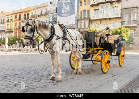 Eine touristische Pferd und Wagen auf der Straße in Sevilla, Spanien, bereit, Touristen auf einer Kutsche Reise die Stadt zu tragen. Stockfoto