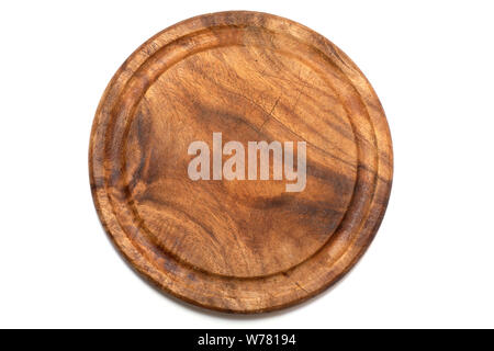 Holzplatte, Fach, Tisch für das Kochen oder warme Gerichte auf weißem Hintergrund Draufsicht isoliert Stockfoto