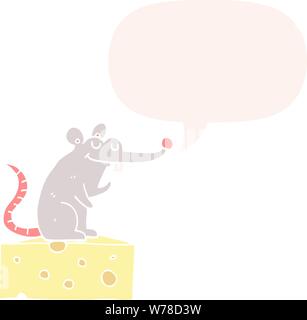Cartoon Maus Auf Käse mit Sprechblase im Retro-Stil Stock Vektor