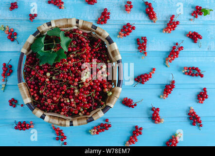 Korinthen im Warenkorb auf Blau Holz- Hintergrund. Flach. Stockfoto