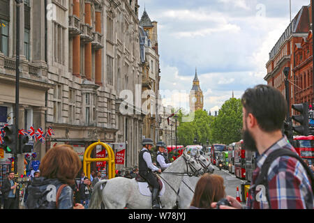 London, Großbritannien - 23 Mai 2016: Ansicht der Whitehall Street und Englische berittene Polizei vom Trafalgar Square. Stockfoto