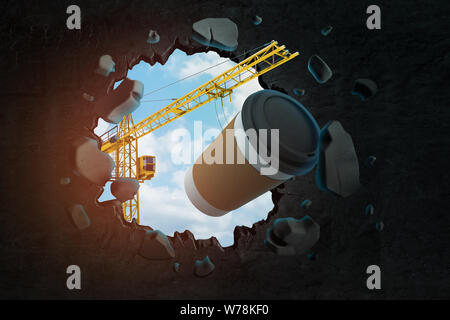 3D-Rendering von Hebekran mit braunen Kaffee Pappbecher und brachen das Schwarze Loch in die Wand, dass sie es mit blauem Himmel durch das Loch gesehen. Win Masse ma Stockfoto