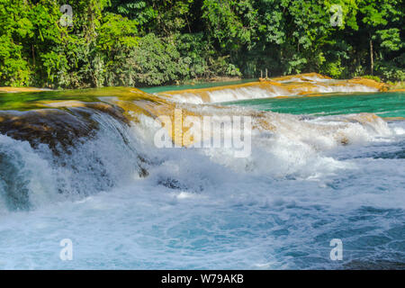 Detail der Wasserfälle von Cascadas de Agua Azul im Bundesstaat Chiapas in Mexiko Stockfoto