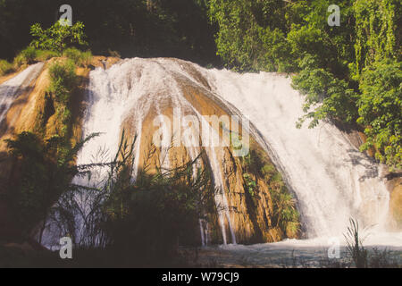 Detail der Wasserfälle von Cascadas de Agua Azul im Bundesstaat Chiapas in Mexiko Stockfoto