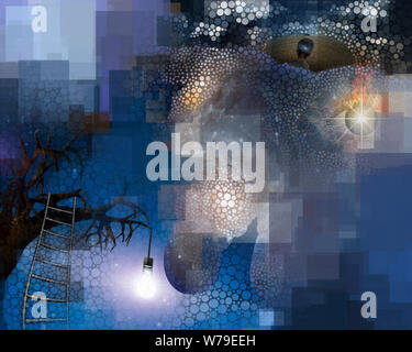 Baum mit hängenden Glühbirne menschlichen mit Galaxy verstand und schwebenden flammenden Auge mit rechteckigen Formen und kleine Kreise abstrakt Stockfoto