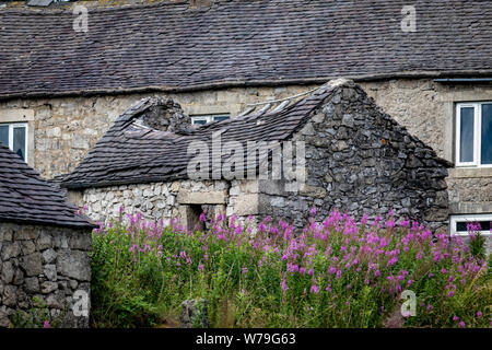 Verlassenen baufälligen Gebäude aus Stein, Hütte/Haus und die Nebengebäude auf der High Peak Trail in der Nähe von harboro Felsen, Brassington, Peak District. Derbyshire. DE Stockfoto