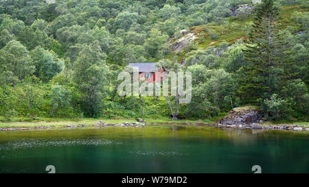 Sommer Blick auf ein rotes Haus in einem grünen Wald in den Bergen in der Nähe von einem See, Norwegen Skandinavien Stockfoto