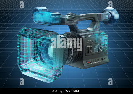 Visualisierung 3D-CAD-Modell der professionelle Videokamera, Blaupause. 3D-Rendering Stockfoto