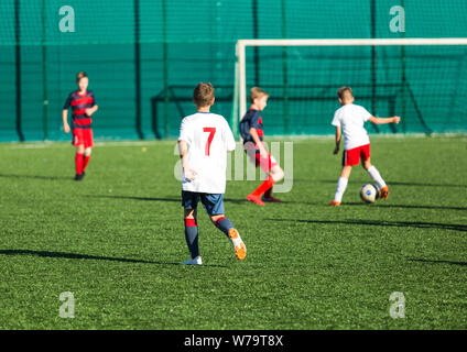 Jungs in Rot und Blau Sportswear spielt Fußball auf dem Feld, dribbelt Ball. Jungen Fußball-Spieler mit Ball auf grünem Gras. Training, Fußball Stockfoto