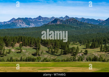 Landschaft Szene einer Ranch mit einer alten Hütte, Felder, Wald, und hohe schneebedeckte Berggipfel in den Rocky Mountains in der Nähe von Pagosa Springs, Colorado Stockfoto