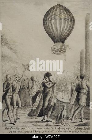 Historia del Transporte Aéreo. Siglo XVIII. Ascensión de Globo de Don Vicente Lunardi (1754-1806), en el Buen Retiro, el día 12 de Agosto de 1792. Buril sobre Papel, hacia 1793. Museo de Historia. Madrid. España. Stockfoto