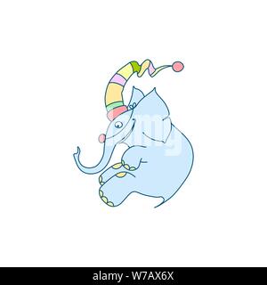 Vector Illustration von fröhlichen cartoon Elefant Clown mit bunten Hut und Spielzeug in die Nase. Cute Charakter Stock Vektor