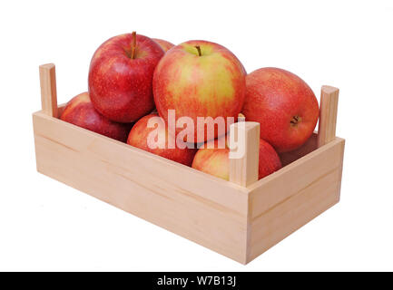 Jonagold Äpfel in der Kiste isoliert auf weißem Stockfoto