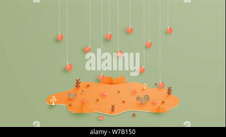 Herbst Hintergrund in Papier schneiden Stil mit hängenden Maple Leafs. Design für Plakat, Flyer, Broschüre, Banner, Cover, Wallpaper, Werbung templa Stock Vektor