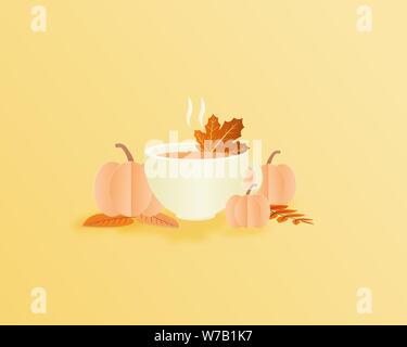 Herbst Hintergrund in Papier schneiden Stil mit heißem Kaffee, Kürbis und Blätter. Vector Illustration im minimalistischen Stil. Design für Banner, Poster, Grüße Stock Vektor