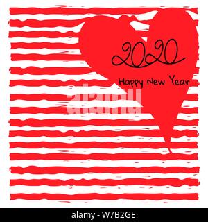Vector Illustration. Grußkarte für das neue Jahr 2020. Streifen und Herz mit Text Happy 2020 Stock Vektor