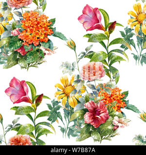 Aquarell von Blatt und Blumen, nahtlose Muster auf weißem Hintergrund Stockfoto