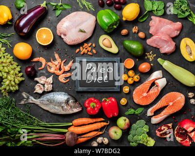 Paleo Diät Konzept. Rohstoffe für Paleo Diät - Fisch, Meeresfrüchte, Geflügel, Fleisch, Gemüse und Obst und Worte Paleo Diät auf dunklem Hintergrund. Top View oder flach. Stockfoto