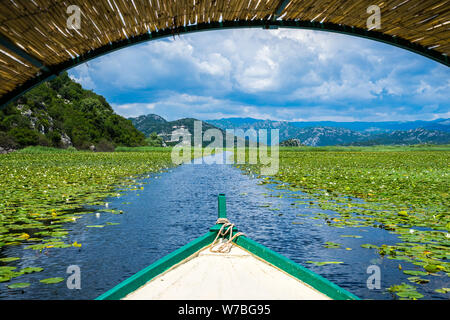 Montenegro, eine Bootsfahrt auf den Wasserstraßen durch grüne Lilie pflanzen Deckschicht von Skadar See, ein beliebtes Touristenziel und schöne Natur Landsc Stockfoto