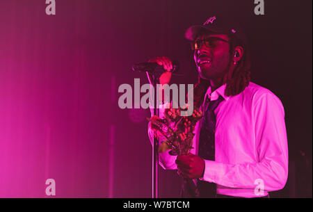 Kopenhagen, Dänemark. 05 Aug, 2019. Der britische Sänger, Songwriter und Musiker Blutorange führt ein Live Konzert bei Vega in Kopenhagen. (Foto: Gonzales Foto/Nikolaj Bransholm/Alamy Live News). Stockfoto