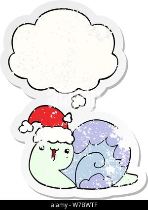 Cute cartoon Weihnachten Schnecke mit dachte Bubble als Distressed getragen Aufkleber Stock Vektor