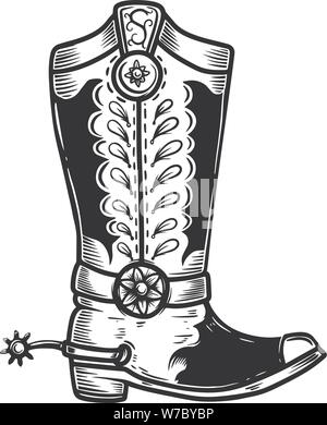 Hand gezeichnet Abbildung: Cowboy boot auf weißem Hintergrund. Design Element für Poster, Karten, Banner, t-shirt, Emblem, sign. Vektor illustrati Stock Vektor