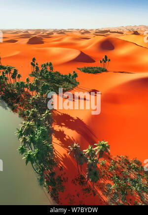 Palmen in der Nähe von Oasis in Afrika 3D-Rendering Stockfoto