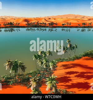 Palmen in der Nähe von Oasis in Afrika 3D-Rendering Stockfoto