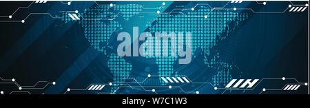 Abstrakte Technologie dunkelblau Web header Design. Vector Hintergrund Vorlage mit gepunkteten Weltkarte, Getriebe und Schaltung. Banner Abbildung Stock Vektor